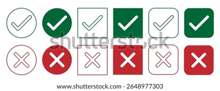 Green checkmark and red cross on isolated white background vector symbol for right and wrong choices. Modern flat design, Checkmark icon set. Checkmark right symbol tick sign. 