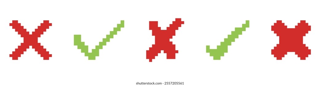 Green Checkmark and Red Cross Pixel Icon Set. Retro Style Check and Cross Symbols. Isolated Vector Illustration.