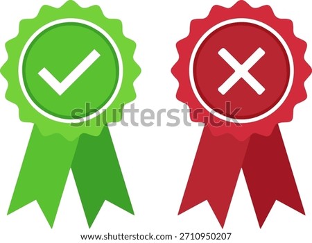 Green checkmark and red cross ribbon award badges vector set