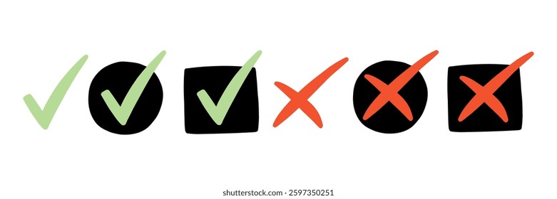 Green Checkmark Red Cross Symbol Shape Set. Check Box Tick Mark x and v collection. Vector Illustration