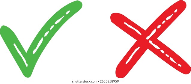 Una marca de verificación verde y un símbolo de la cruz roja, dibujado a mano con un estilo incompleto, aislado en un fondo blanco.