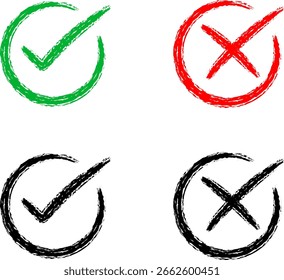Green Checkmark and Red Cross Vector Icons for Approval and Rejection. Confirm and Cancel Symbols. Green Tick and Red Cross Vector Icons isolate on transparent backgrounds.