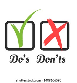 Green checkmark and red crosshair in handwritten grunge style in boxes on white background. Consent or refusal to poll questionnaires, tests.