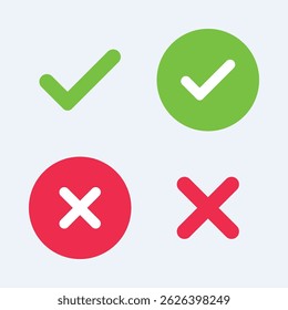 Green checkmark and a red x.