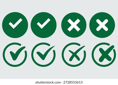 marca de seleção verde e x vermelho cruzam ícones em círculos para sim não aprovação rejeição decisão isolada no fundo branco.