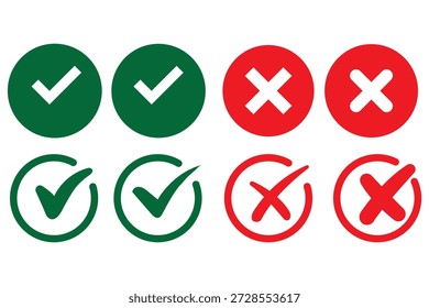 Marca de verificación verde y rojo x cruz iconos en círculos para sí no Aprobación decisión de rechazo aislado sobre fondo blanco.