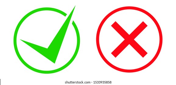 The green checkmark and red x on a white background, vector