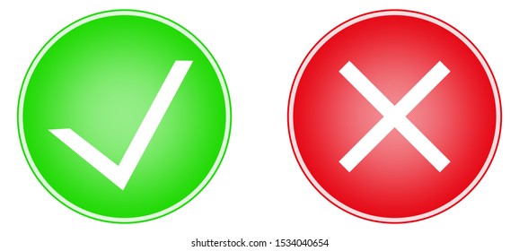 The green checkmark and red x on a white background, vector