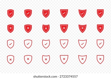 Símbolos de escudo de marca de verificación verde y escudo de cruz roja para Aprobación y rechazo. Marca de verificación verde y x roja en los escudos que indican Aprobación y rechazo Iconos de escudo que muestran Estado aprobado y rechazado