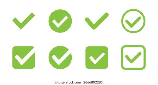 Icono verde del Vector de la señal de la marca de verificación. Casilla de verificación correcta del tick de la marca de verificación aislada en el fondo blanco.