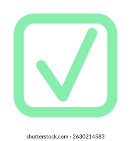 Marca de seleção verde em uma caixa quadrada, simbolizando aprovação, conclusão e sucesso. Confirmação positiva para opções, pesquisas e tarefas. Design moderno e elegante para a confirmação de pesquisas ou de negócios.