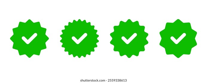 Green checkmark starburst icon set. Verification label vector illustration. Approved quality mark symbol. Correct badge, stamp and sticker. Guarantee certificate emblem. Certified checkmark sign.