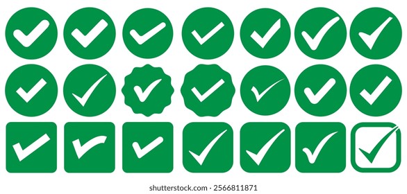 Green checkmark tick icon set. Checklist signs, approval badge, correct vote choice check box with right and wrong buttons and yes or no checkmark icons.