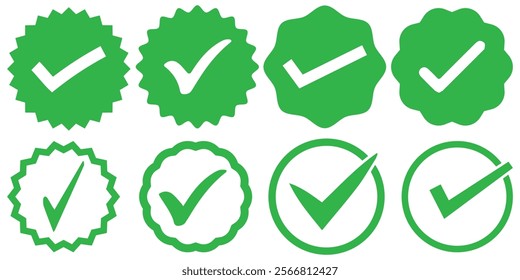 Green checkmark tick icon set. Checklist signs, approval badge, correct vote choice check box with right and wrong buttons and yes or no checkmark icons.