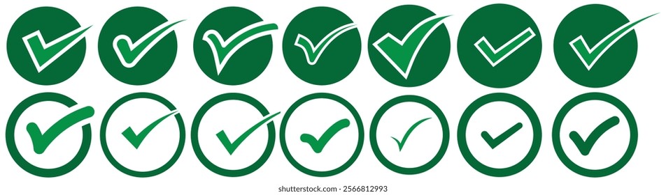 Green checkmark tick icon set. Checklist signs, approval badge, correct vote choice check box with right and wrong buttons and yes or no checkmark icons.