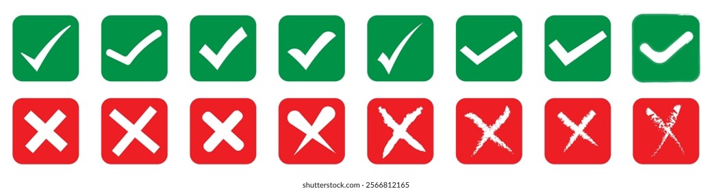 Green checkmark tick and red cross icon set. Checklist signs, approval badge, correct vote choice check box with right and wrong buttons and yes or no checkmark icons.