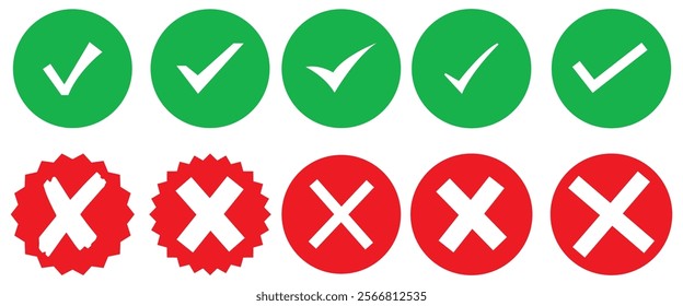 Green checkmark tick and red cross icon set. Checklist signs, approval badge, correct vote choice check box with right and wrong buttons and yes or no checkmark icons.