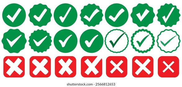 Green checkmark tick and red cross icon set. Checklist signs, approval badge, correct vote choice check box with right and wrong buttons and yes or no checkmark icons.