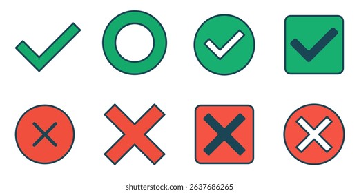 Green Checkmarks and Red Cross Symbols in Various Shapes Including Circle and Square Styles