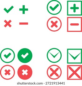 Marcas de verificación verdes y cruces rojas. marcas de verificación verdes y cruces rojas, junto con signos más y menos, dispuestos en filas sobre un fondo blanco.