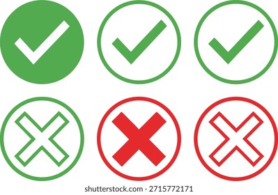 Marcas de verificación verdes y cruces rojas en círculos