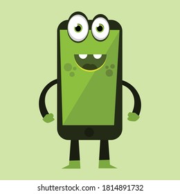 Teléfono inteligente de dibujos animados verdes con dos dientes