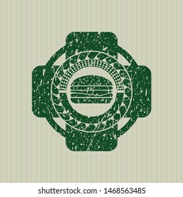 Green cheeseburger icon inside distress grunge stamp