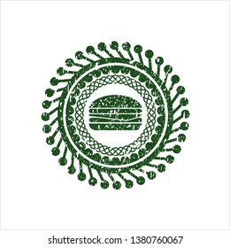 Green cheeseburger icon inside distressed grunge seal