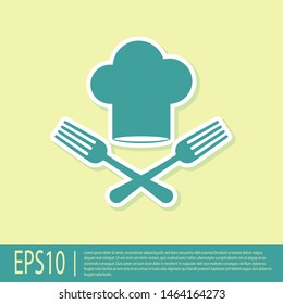 Green Chef hat and crossed fork icon isolated on yellow background. Cooking symbol. Restaurant menu. Cooks hat.  Vector Illustration