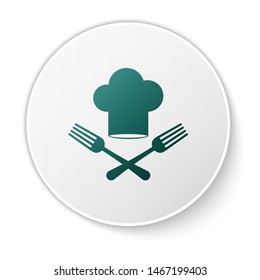 Green Chef hat and crossed fork icon isolated on white background. Cooking symbol. Restaurant menu. Cooks hat. White circle button. Vector Illustration