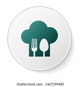 Green Chef hat with fork and spoon icon isolated on white background. Cooking symbol. Restaurant menu. Cooks hat. White circle button. Vector Illustration