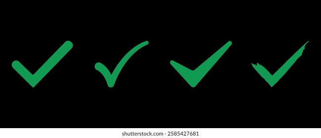 green chek mark icon button set. Vector symbols set, green checkmark isolated on black background.