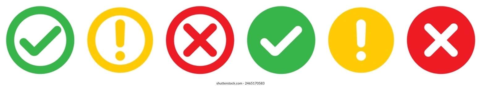 Green chek mark, red cross mark, exclamation point icon set. Isolated tick symbol, cheklist sign, approval signs collection. Vector illustration.