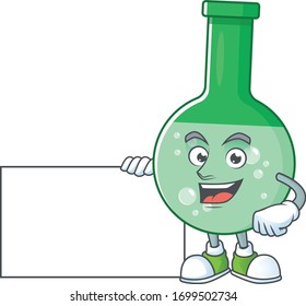 Green chemical bottle cartoon character concept Thumbs up having a white board