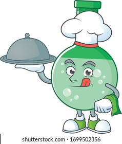 A green chemical bottle chef cartoon design with hat and tray