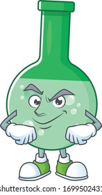 Green chemical bottle mascot design style with grinning face