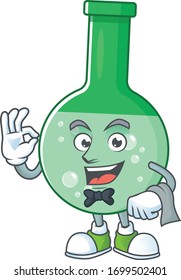 A green chemical bottle waiter cartoon character ready to serve