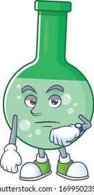 Green chemical bottle with waiting gesture cartoon mascot design concept