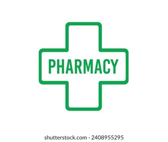 Green chemist pharmacy sign plus cross style. Vector editable isolated sticker icon symbol.