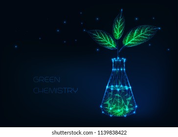 Green chemistry concept with glowing chemical beaker and plant with green leaves made of stars, lines, dots, triangles. Futuristic scientific background. Low poly wire frame vector design. 