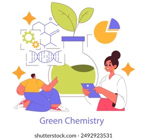 Green Chemistry concept. Researchers developing eco-friendly substances. Innovation in sustainable science. Vector illustration.