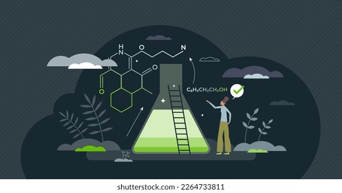 Química verde con enfoque para reducir el concepto de persona diminuta de sustancias peligrosas. Investigación química e ingeniería para la ilustración vectorial de diseño de productos ecológicos, sostenibles y respetuosos con la naturaleza.