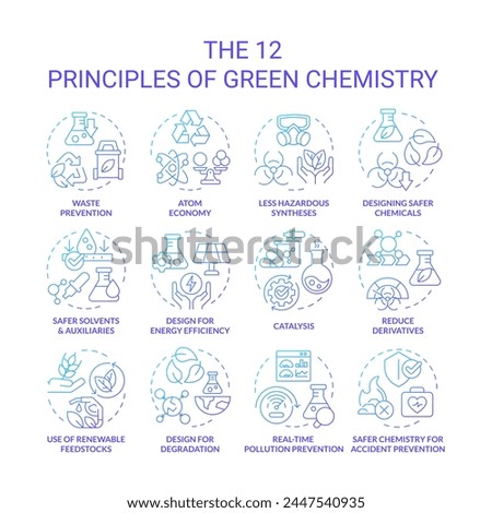 Green chemistry principles blue gradient concept icons. Chemical synthesis, harmful substances. Icon pack. Vector images. Round shape illustrations for infographic, presentation. Abstract idea