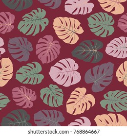 Green and cherry floral jungle ornament with monstera leaf tropical seamless pattern vector.  Philodendron or monstera plant background. Tropical pattern with jungle leaves decor, seamless background.