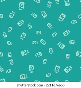 Green Cherry jam jar icon isolated seamless pattern on green background.  Vector