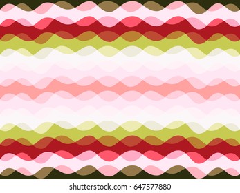 Green, cherry, pink and white seamless geometric vector pattern, curve lines wavy ripple background graphic design. Abstract waves, colorful stripes, horizontal lines repeating pattern.