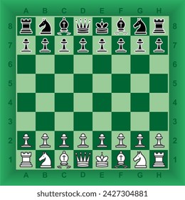 Green Chess Board With Pieces Vector Illustration. Chess set
