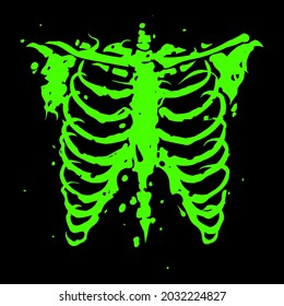 Green chest bone. Skeleton horror illustration. T-shirt print for Halloween. Hand drawing illustration isolated on black background. Vector EPS 10.