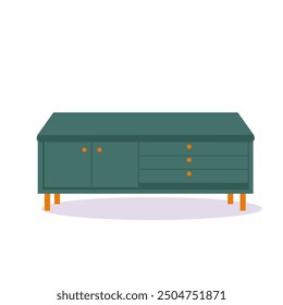 Green chest of drawers, bedside table set. Vector furniture icon in flat design. Wooden textured dresser, commode. House equipment for bedroom, living room isolated on white background.