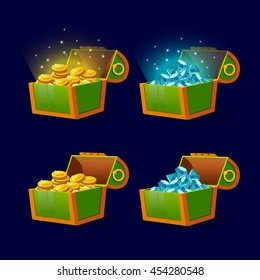 Green Chest set for game interface.Vector illustration. treasure of gold coins on dark background. Open jewelry and diamonds